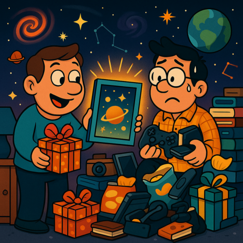 Cartoon illustration of a person overloaded with gifts receiving a symbolic cosmic certificate as an unexpected novelty present