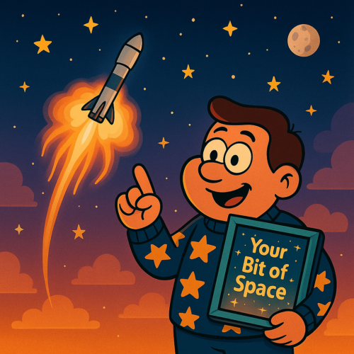 Whimsical cartoon of a twilight rocket launch with a jellyfish-shaped plume and a symbolic space certificate gift