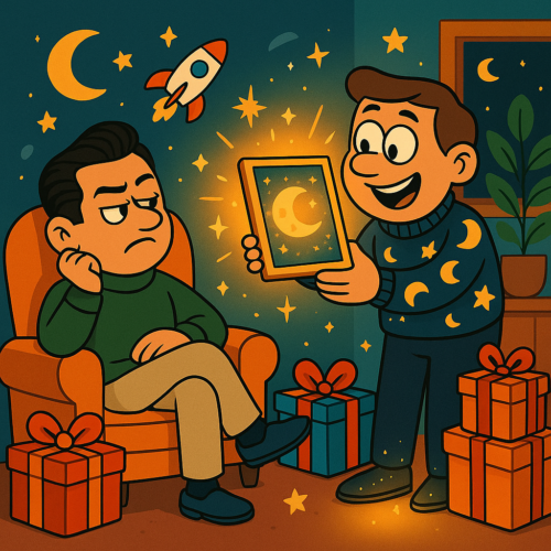 Whimsical cartoon of someone giving a glowing symbolic space certificate to a stylish friend who already has plenty of gifts at home.