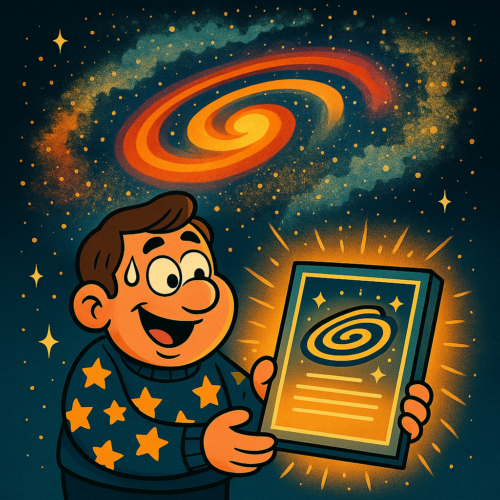 Cartoon-style illustration of a delighted space fan holding a symbolic space certificate while a giant swirling galaxy above them looks oddly lopsided and barely spinning