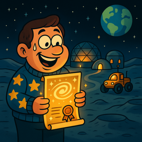 Cartoon-style illustration of a delighted space fan holding a symbolic space certificate while gazing at a whimsical Moon base scene under a starry sky