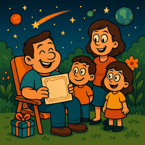 Whimsical illustration of a dad holding a symbolic space certificate with family in a summer garden under a starry sky